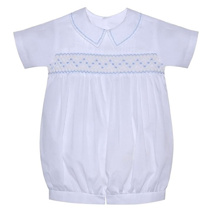 Smocked Finley White with Blue Romper, front