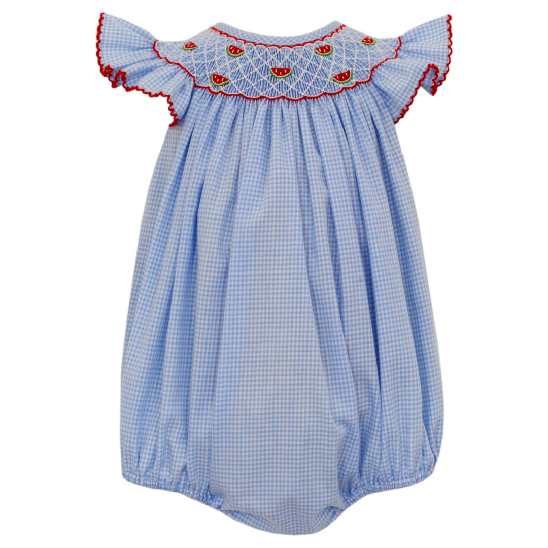 Smocked Watermelon Blue Gingham Bubble, front