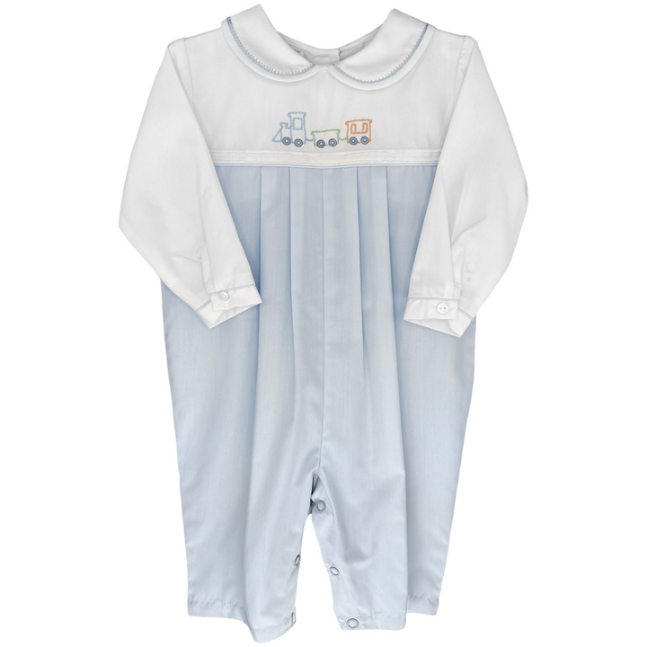 Petit Ami Train Embroidered Blue Rpmper, front