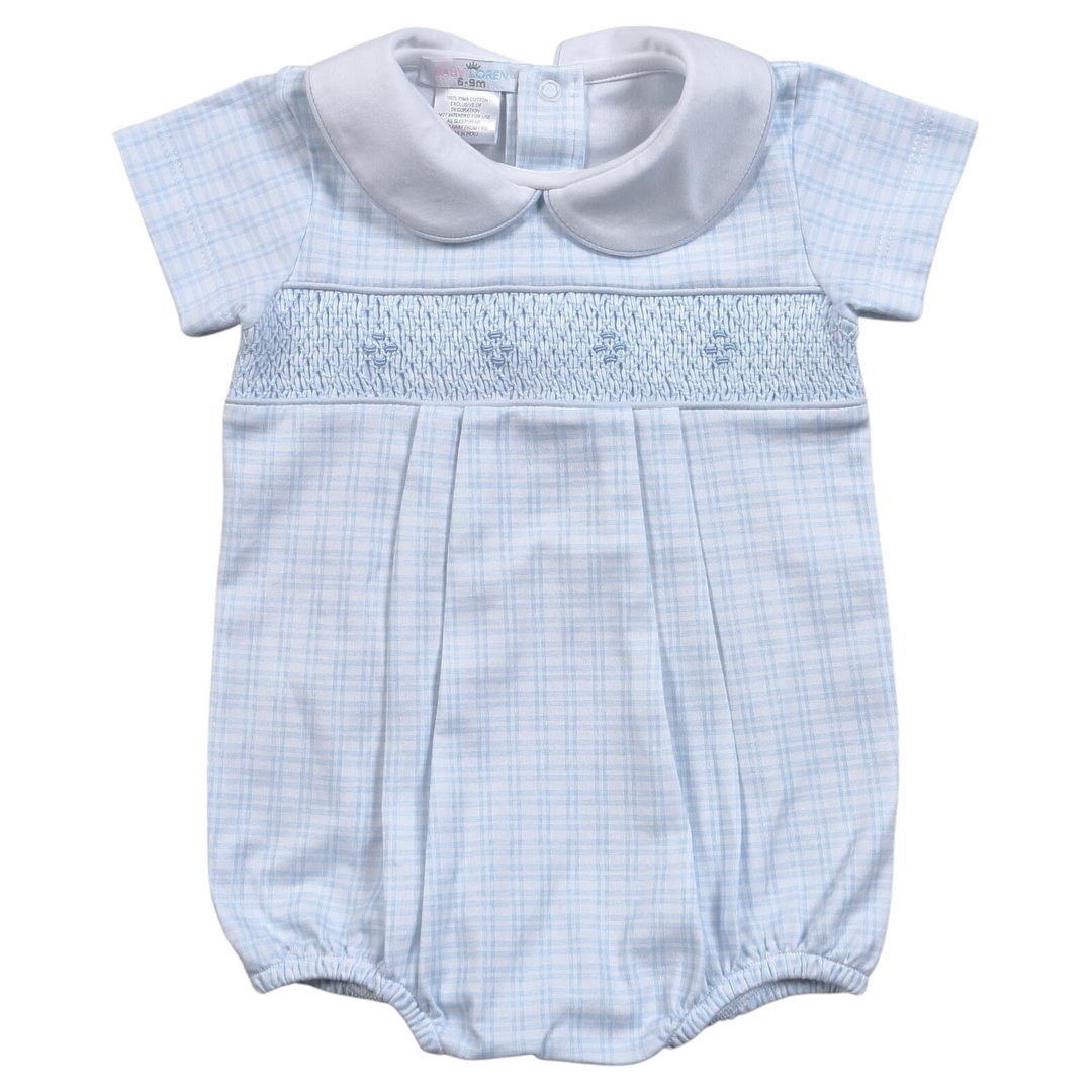 Smocked Blue Plaid Bubble, front