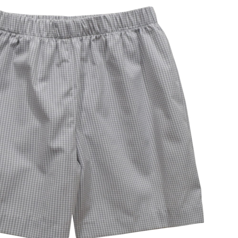 Gray Gingham Boys Pull on Short, close up
