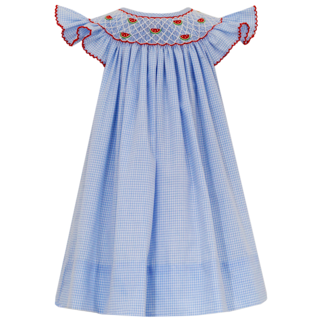 Smocked Watermelon Blue Gingham Dress, front