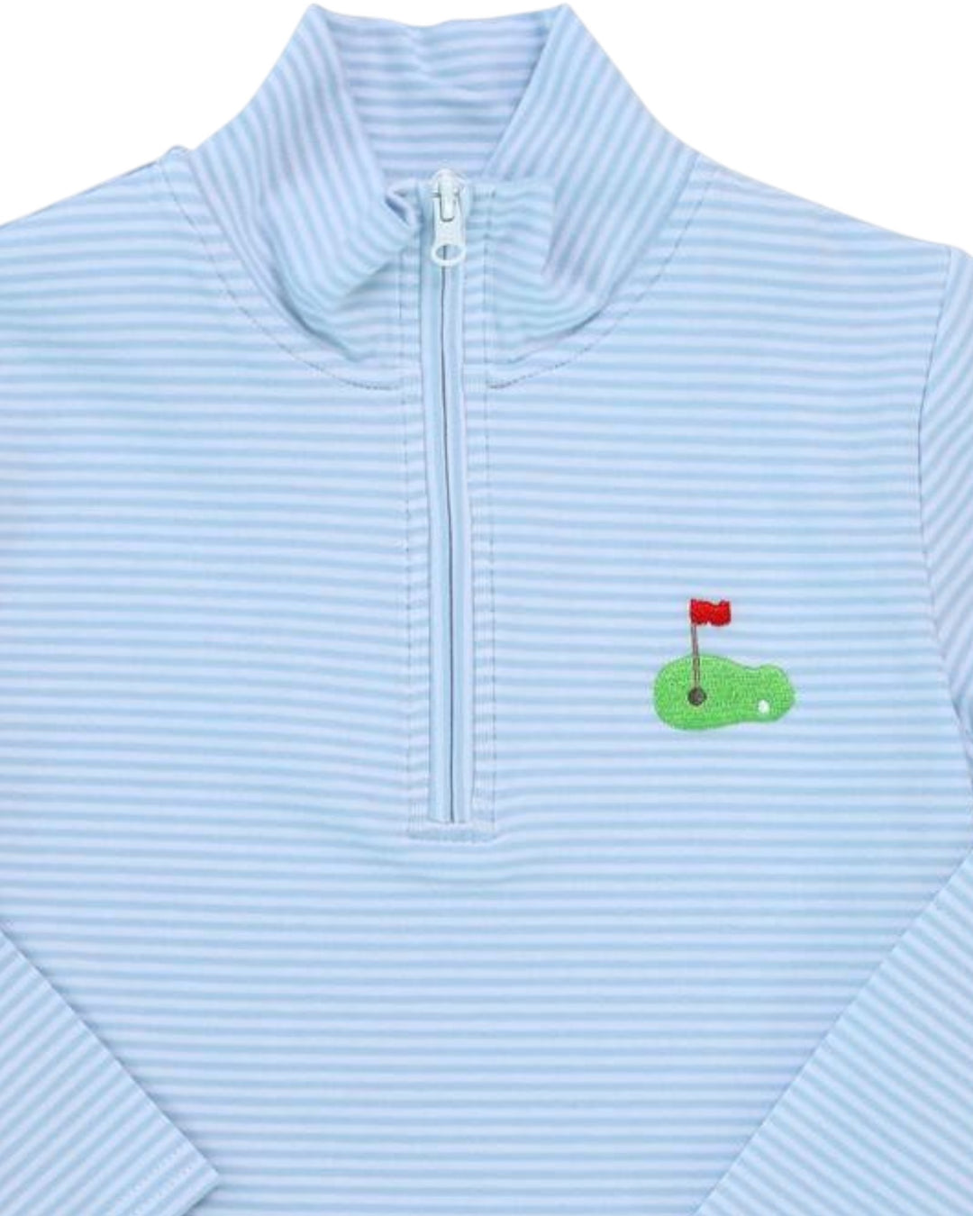 Light blue ribbed pullover with a golf-themed patch on a white background