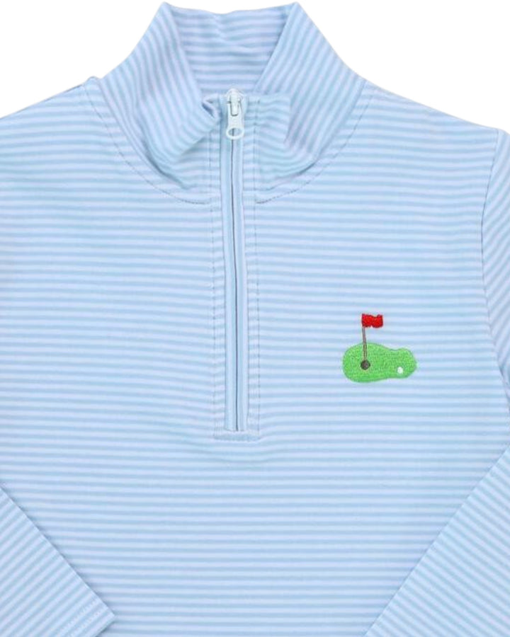 Light blue ribbed pullover with a golf-themed patch on a white background