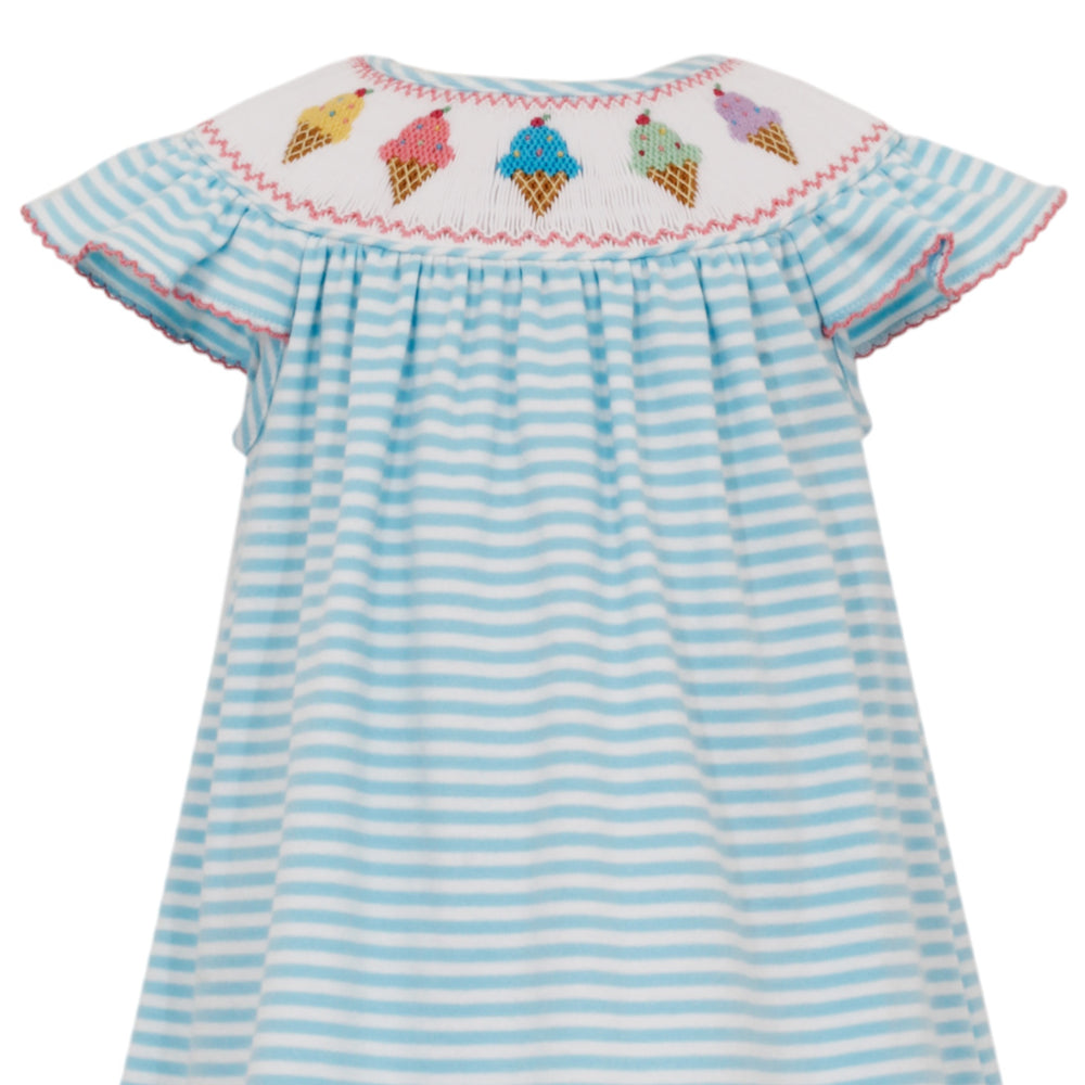 Smocked Ice Cream Turquoise Knit Stripe Dress, close up