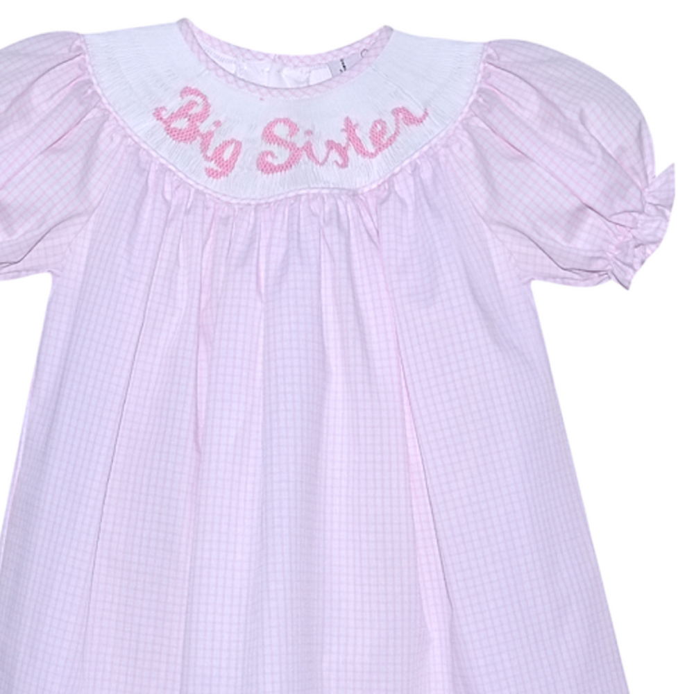 Smocked Big Sister Pink Windowpane Dress, close up