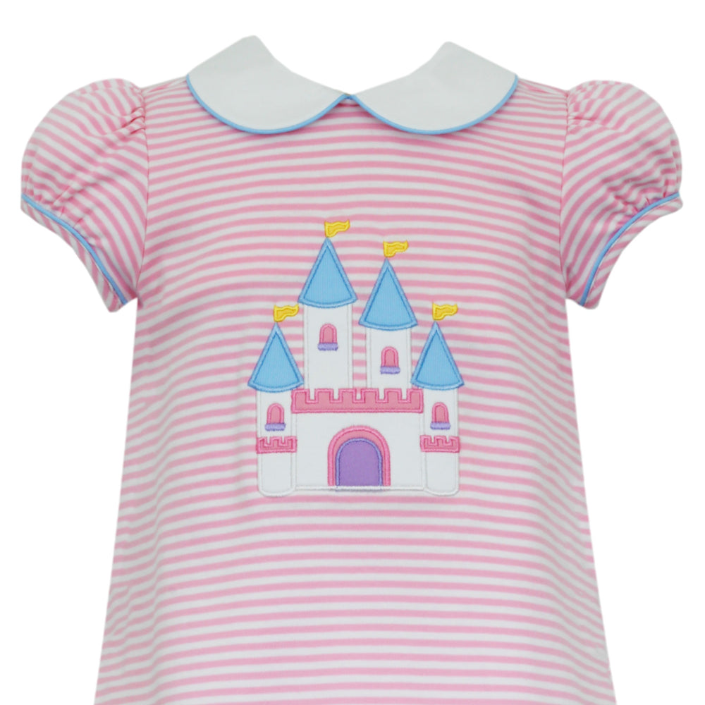Castle Applique Pink Stripe Knit Dress, close up
