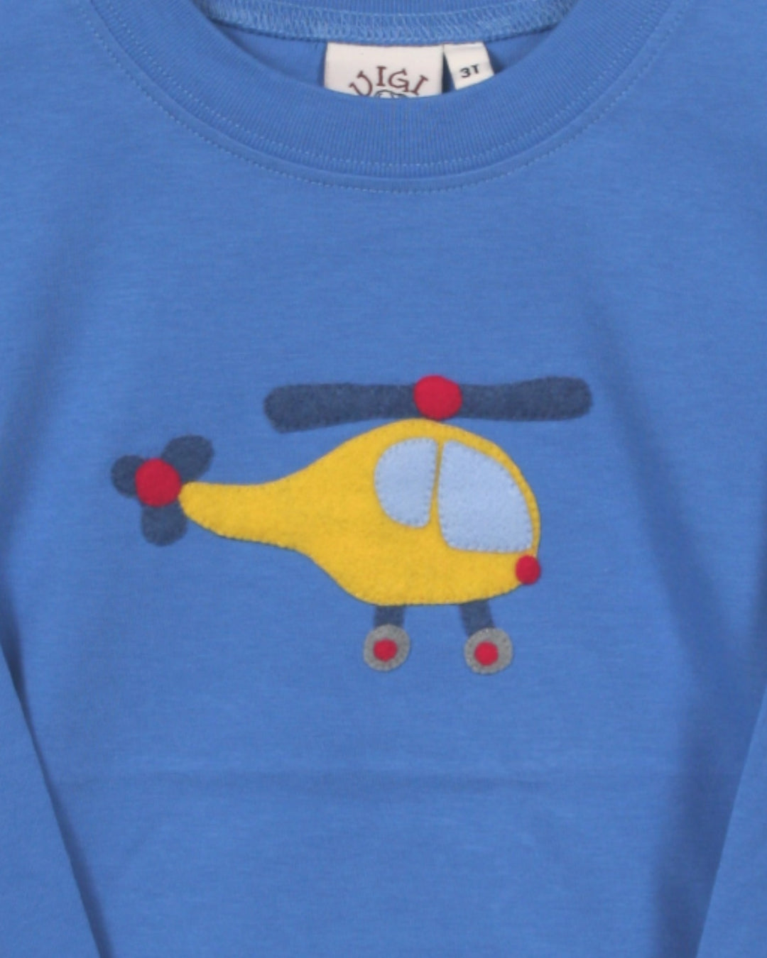 Blue shirt with a yellow helicopter design on a blue background