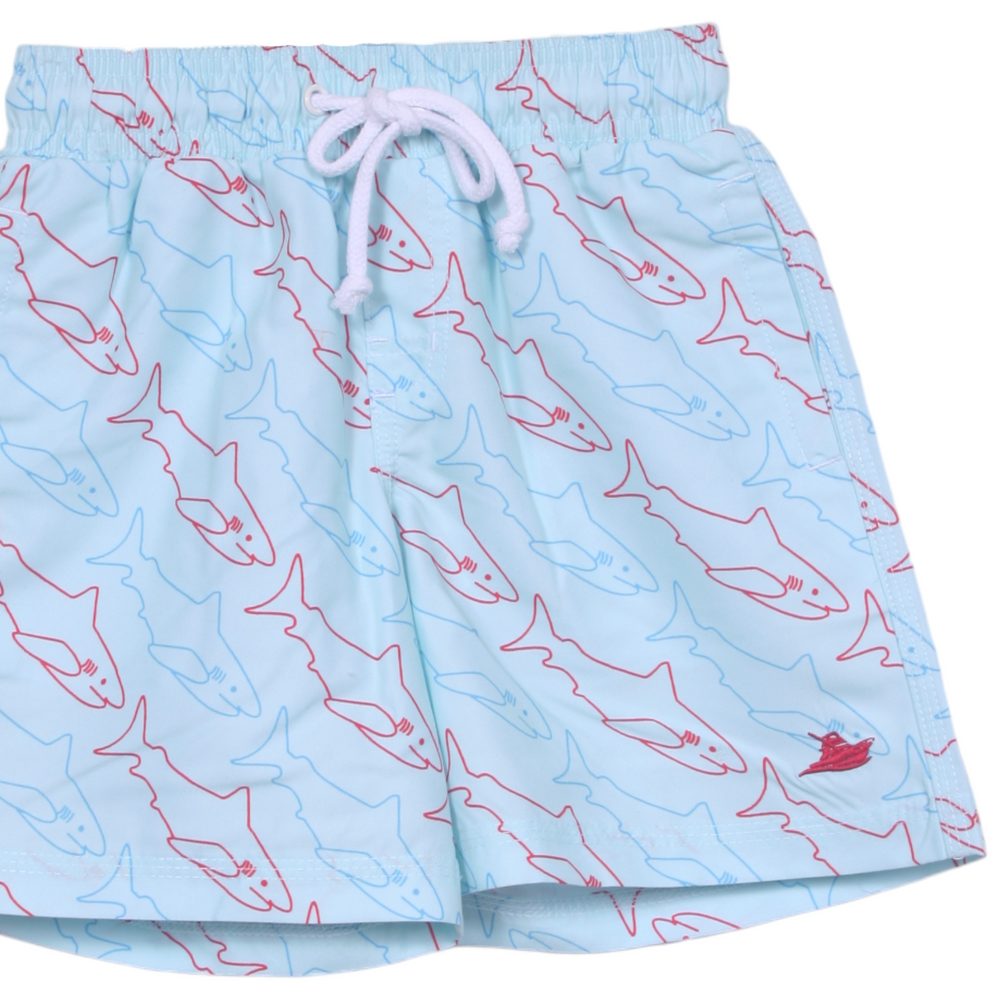 Sharks Blue and Red Swim Trunk, close up