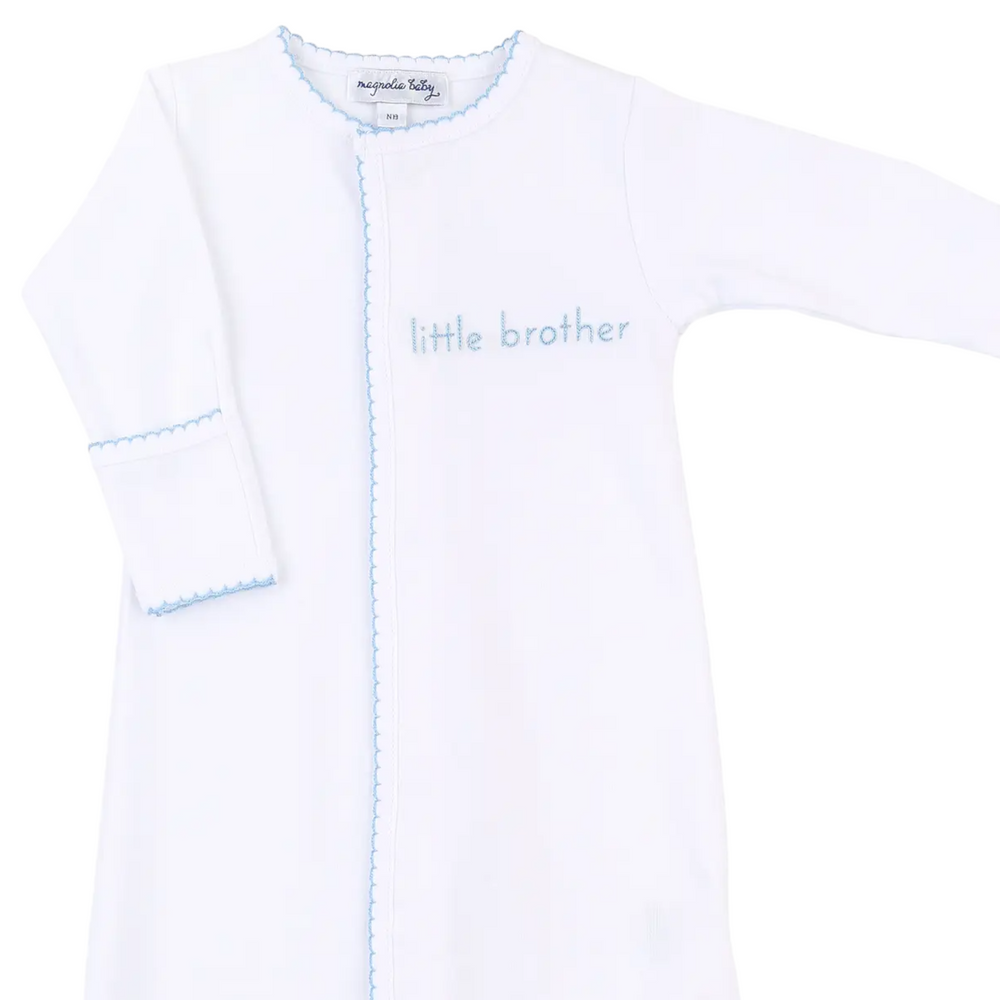 Little Brother Embroidered Converter Baby Gown at shopthatstore, close up