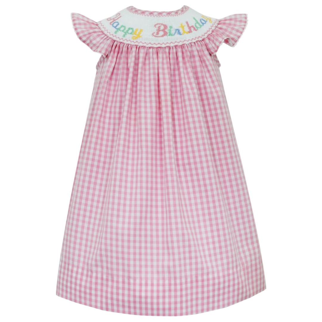 Smocked Happy Birthday Pink Gingham Dress, front