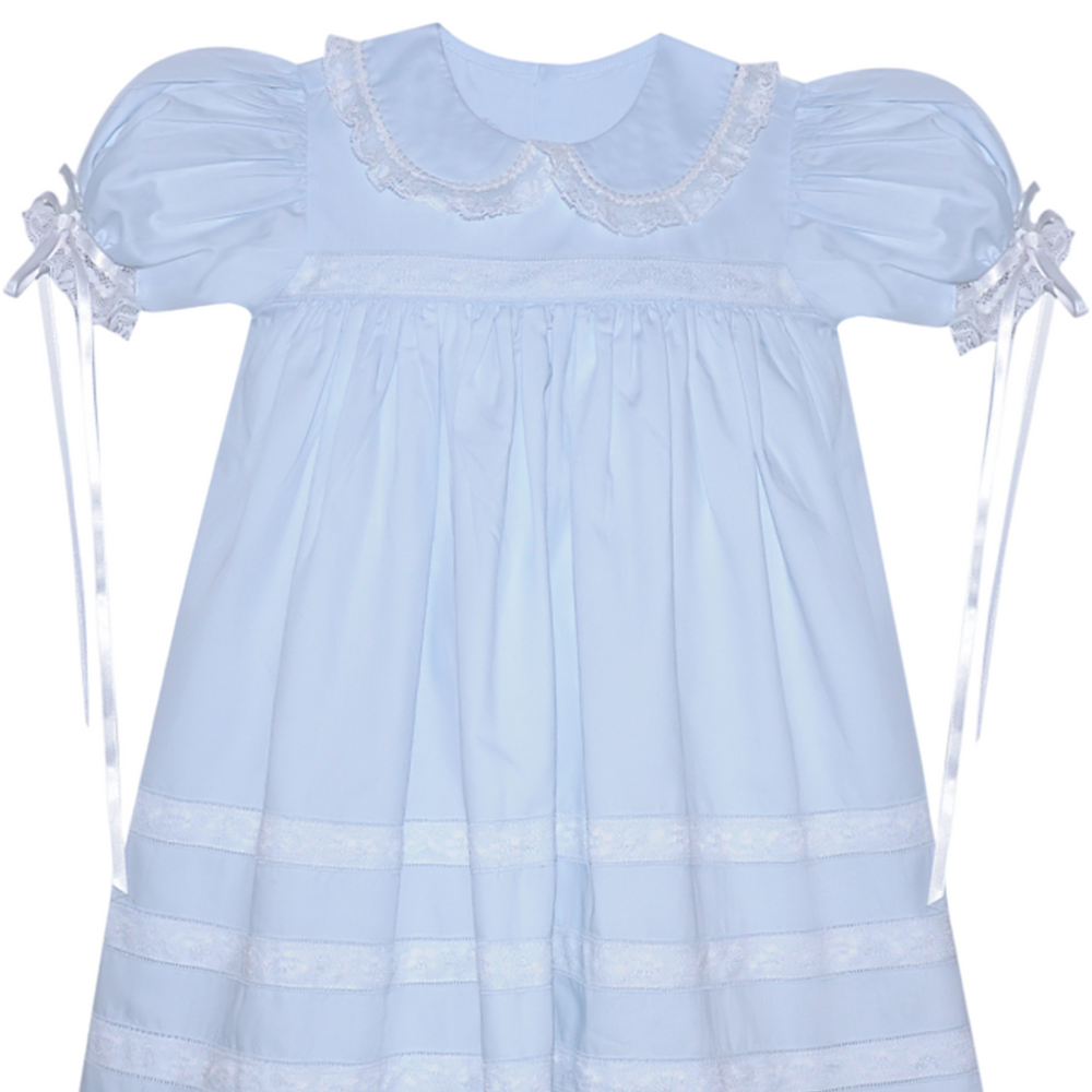 Constance Blue with White Lace Heirloom Dress, close up