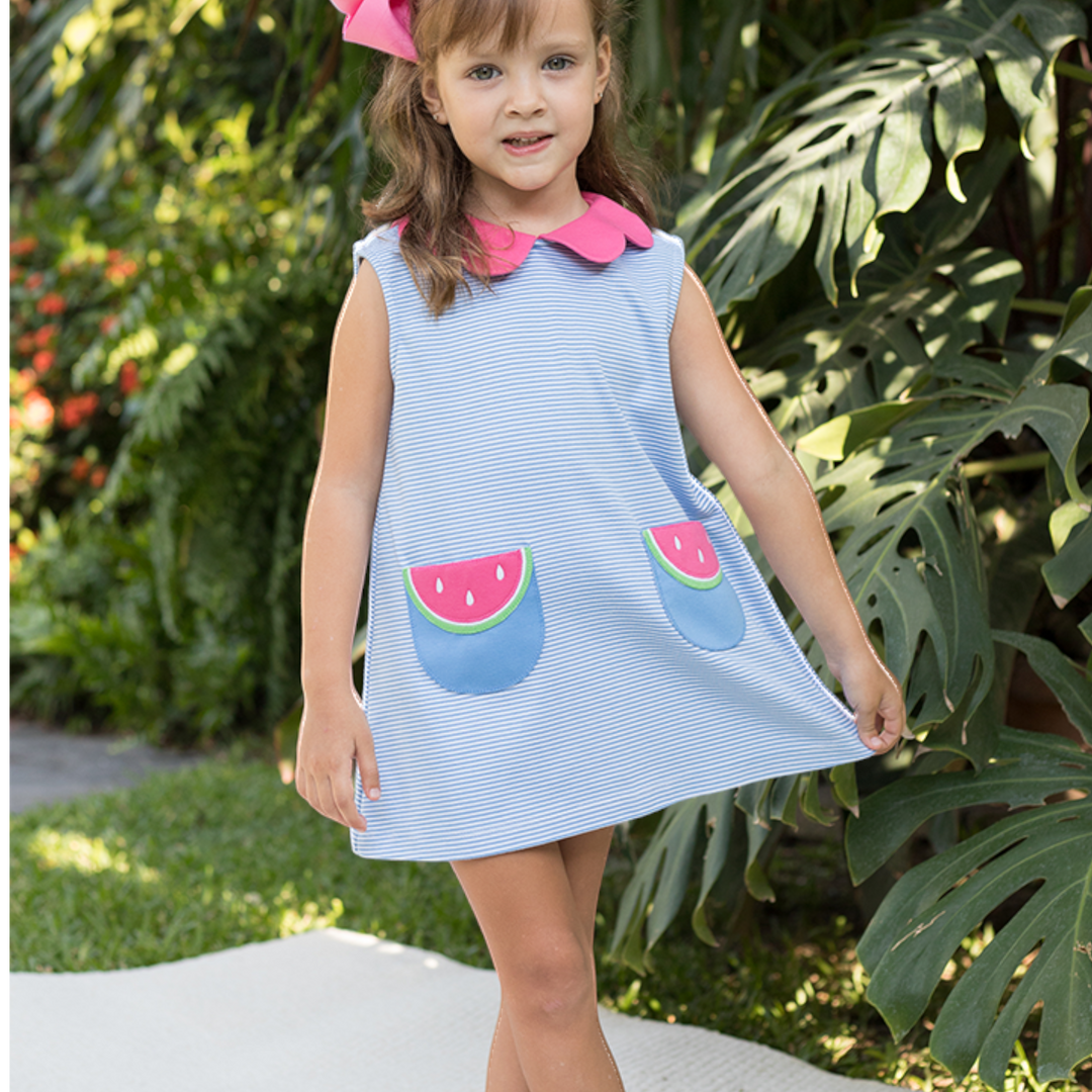 Watermelon Applique Blue Stripe Dress, child