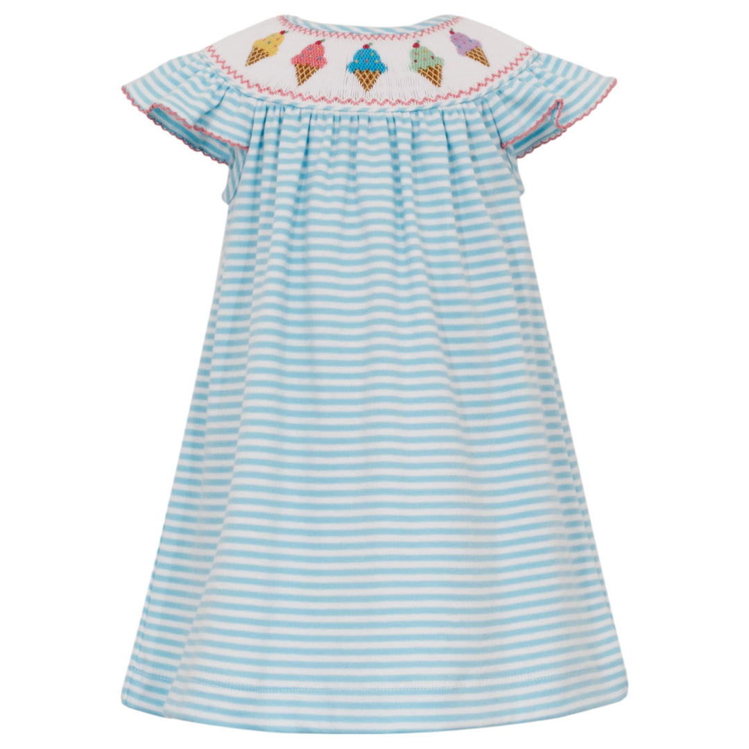 Smocked Ice Cream Turquoise Knit Stripe Dress, front