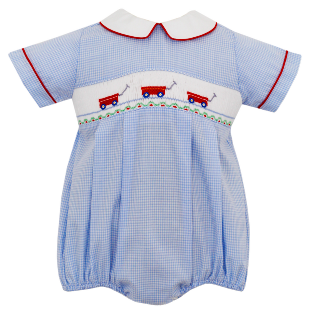Smocked Red Wagon Blue Gingham Bubble, front