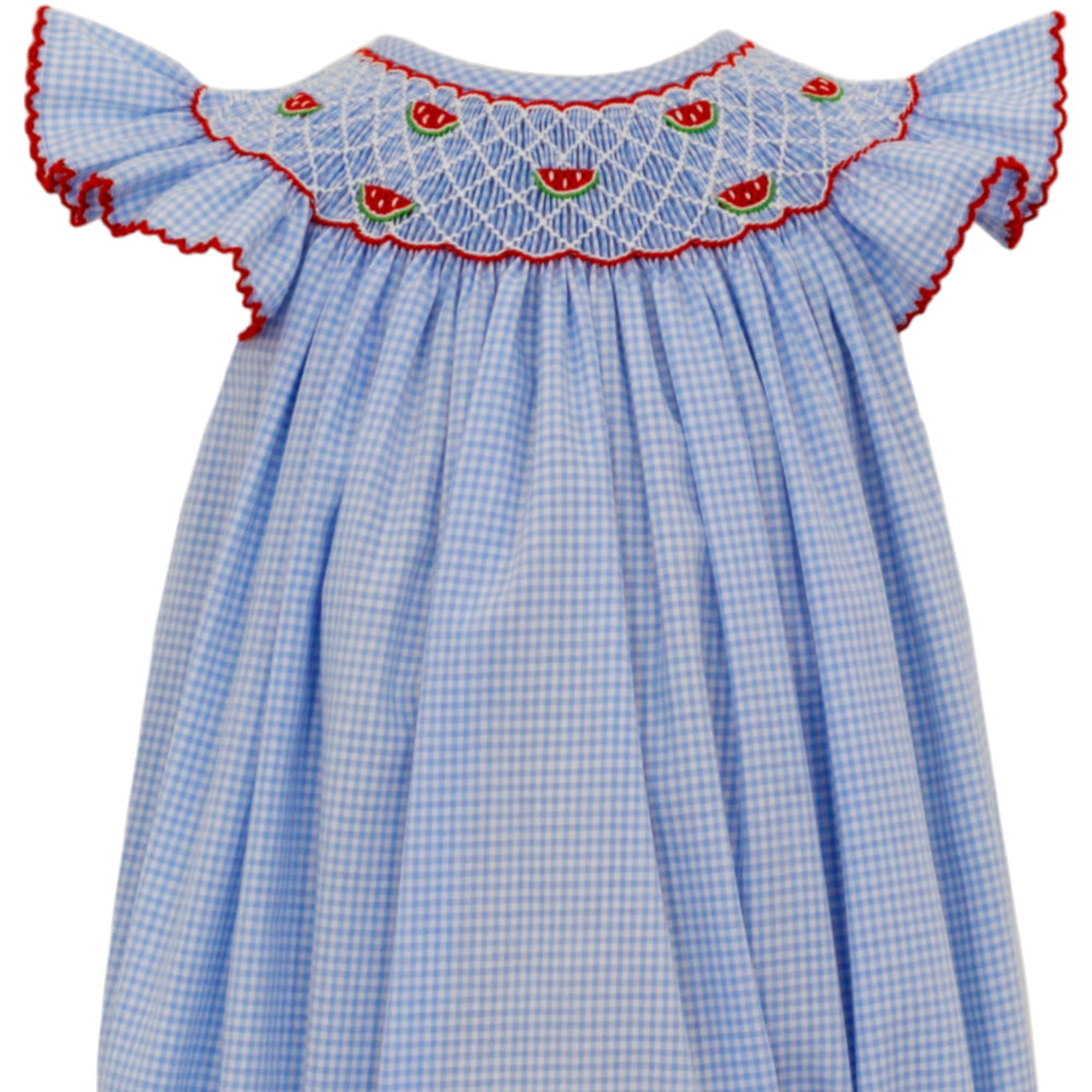 Smocked Watermelon Blue Gingham Bubble, close up