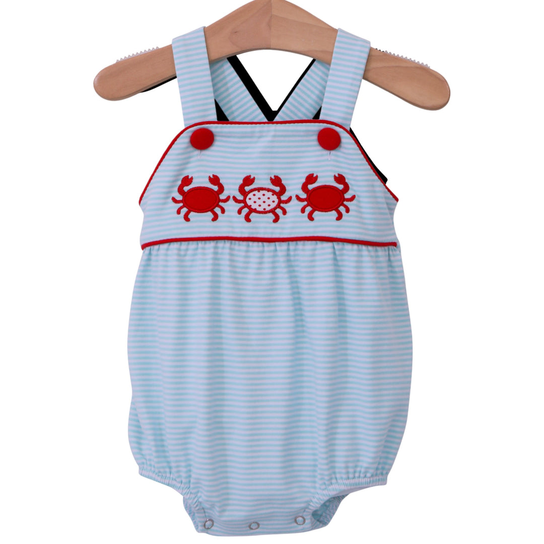 Crab Trio Aqua Stripe Sun Suit, front