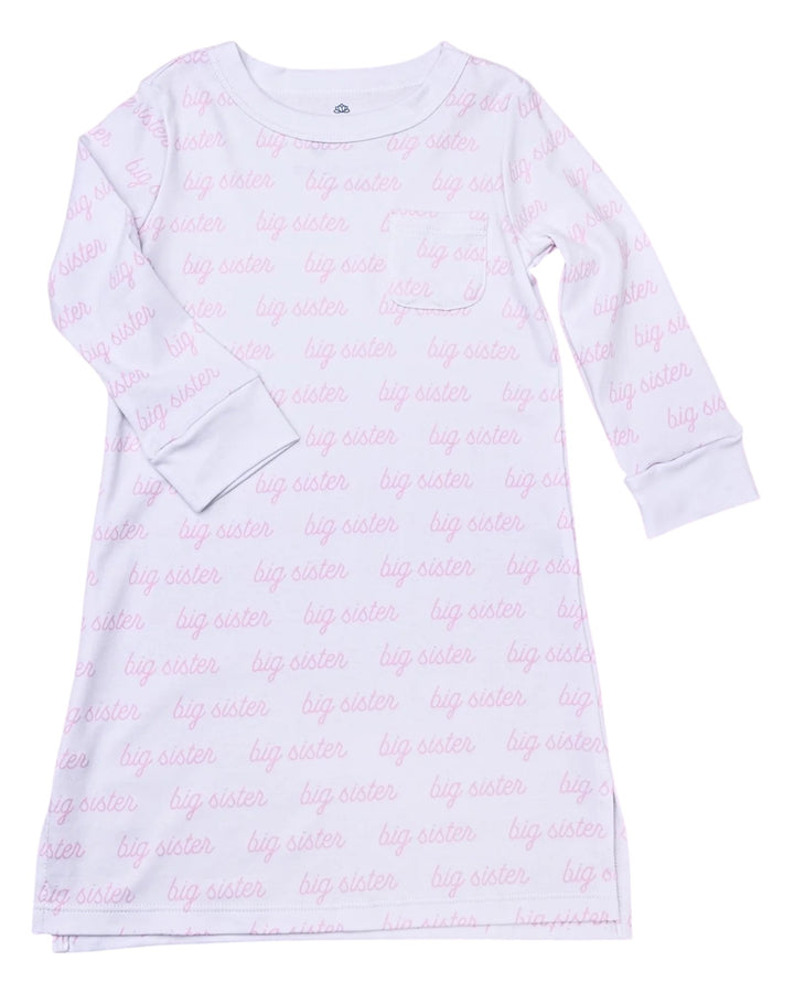 Big Sister Print Pink Girls Long Sleeve Nightdress, front, that store