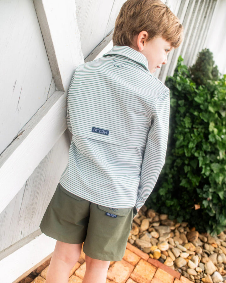 Boy's Long Sleeve Pro Performance Polo in Green Spruce Stripe