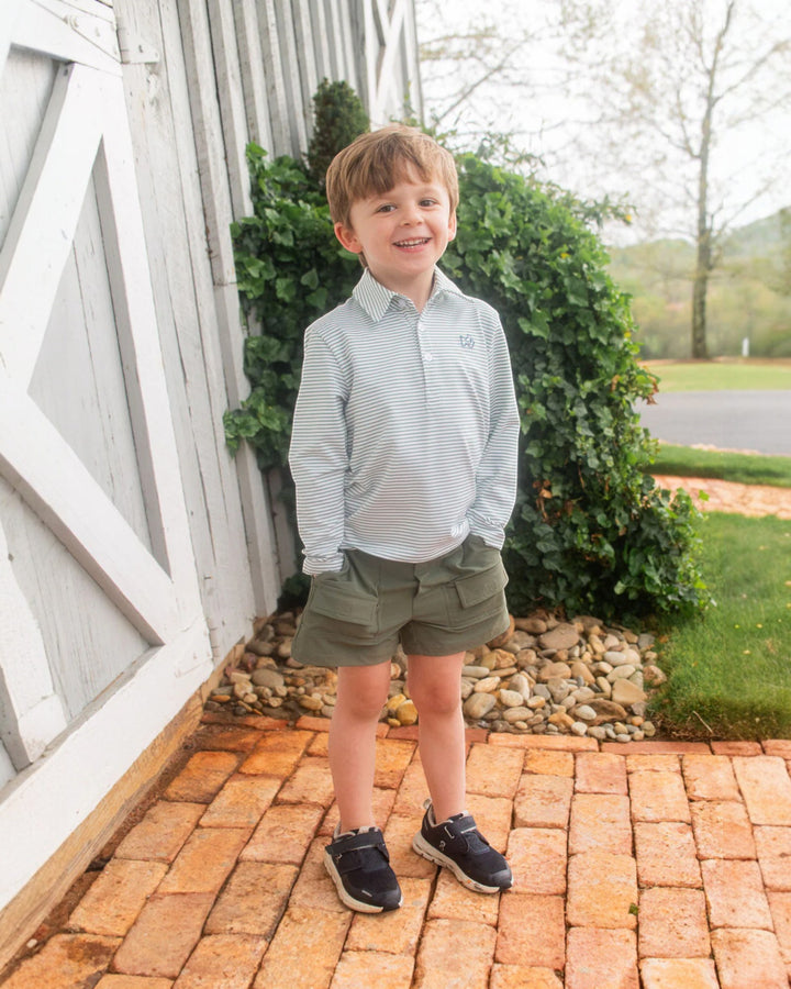 Boy's Long Sleeve Pro Performance Polo in Green Spruce Stripe