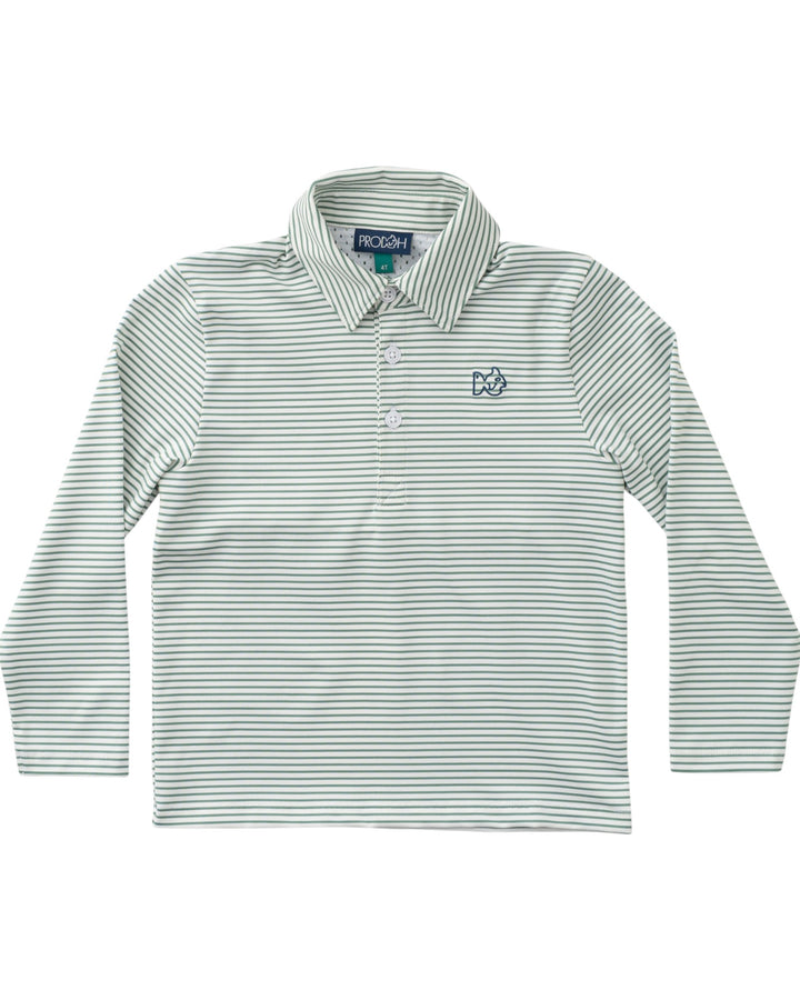Long-sleeve striped polo shirt with a logo on a white background