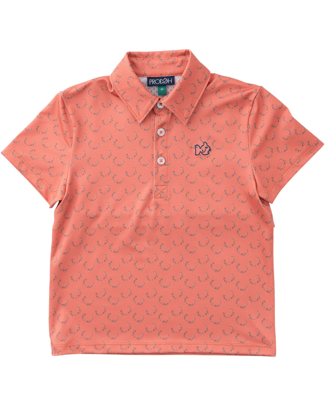 Peach-colored polo shirt with a small logo on a white background