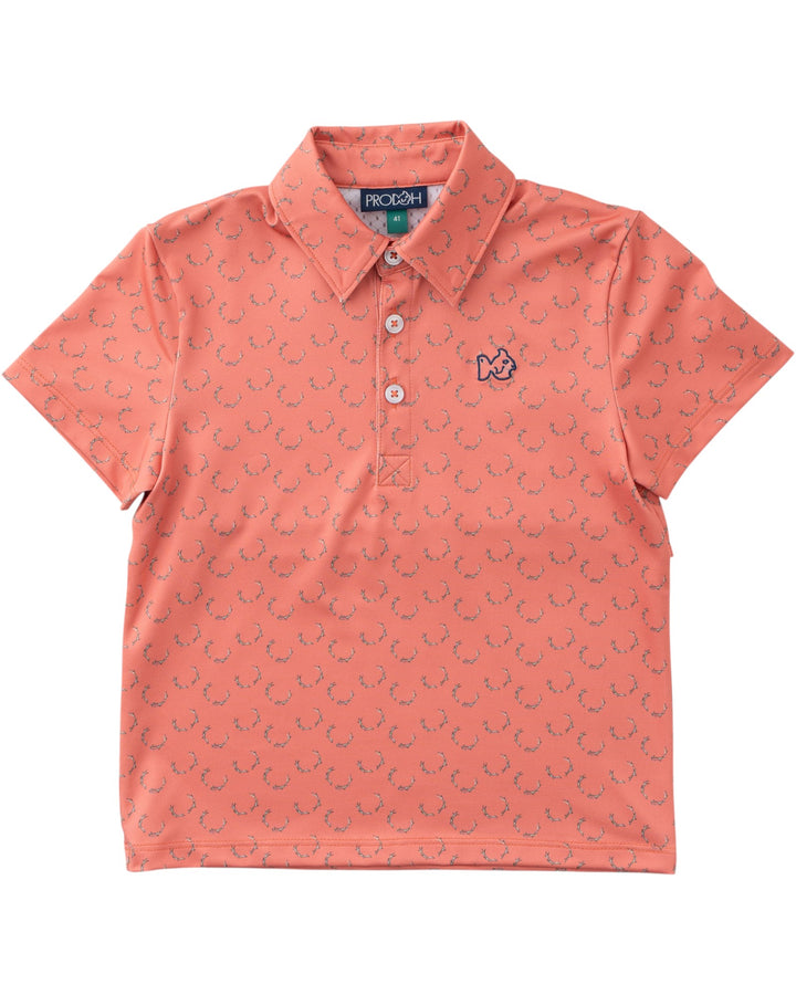 Peach-colored polo shirt with a small logo on a white background