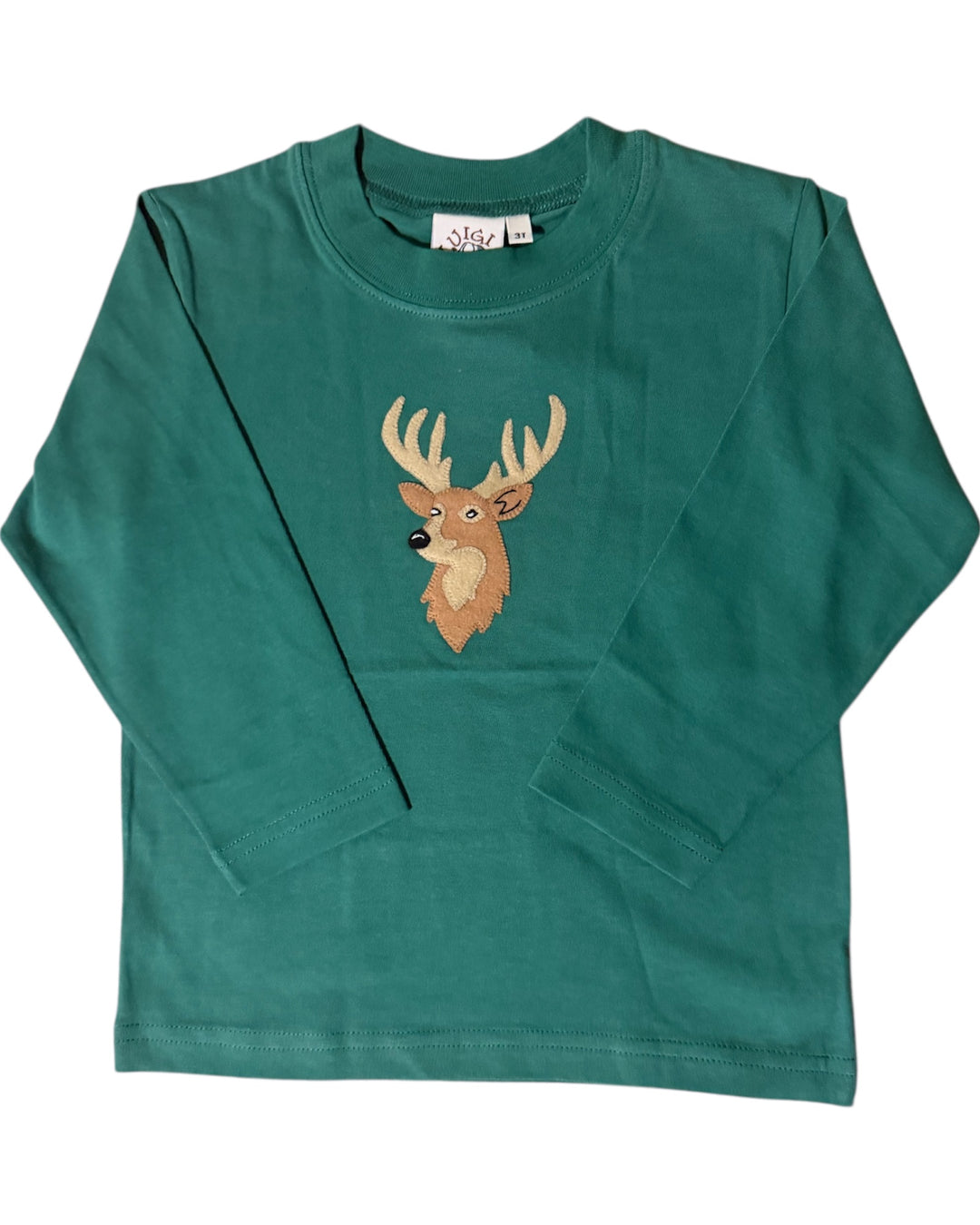 Green long-sleeve shirt with a deer graphic on a white background