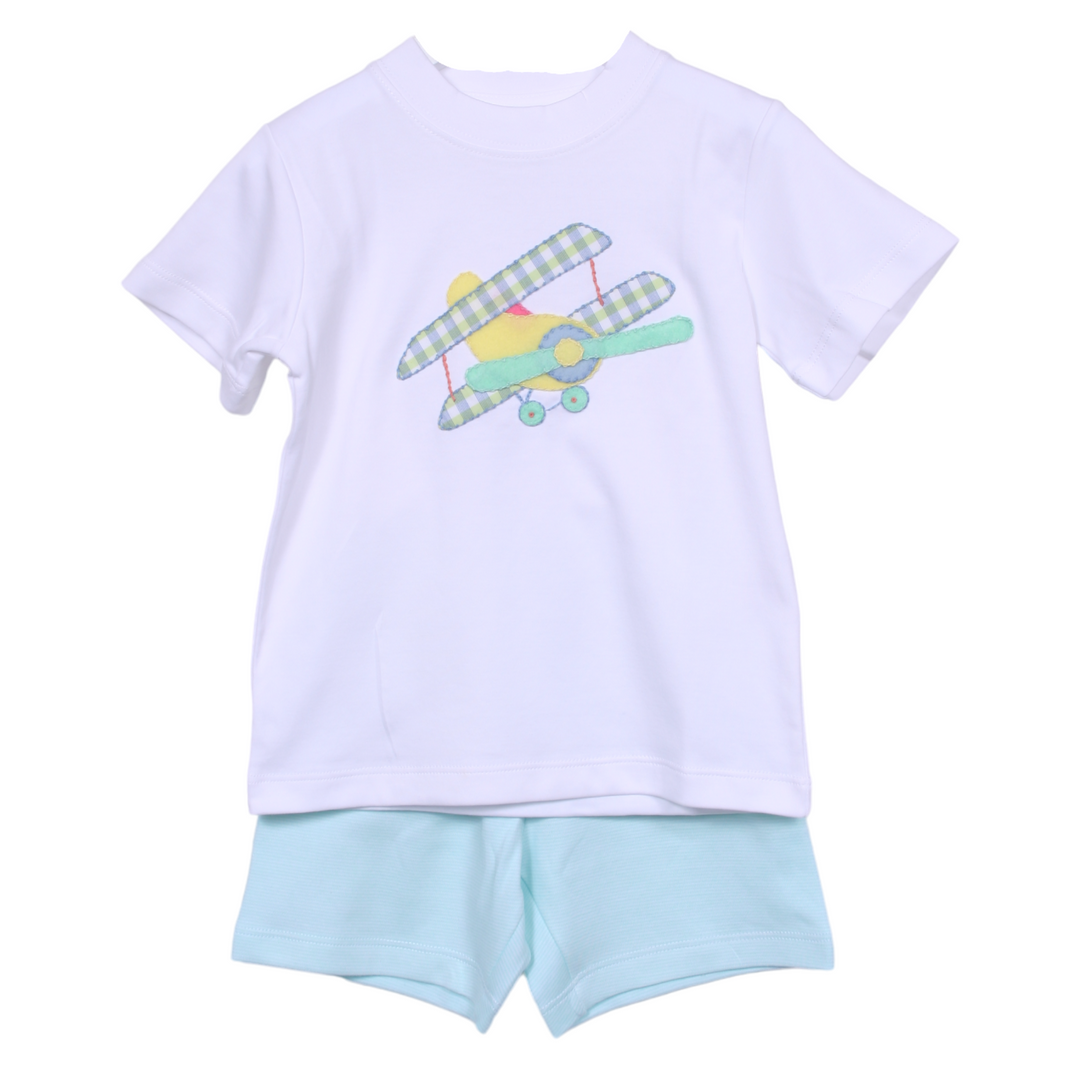 Airplane Mint Stripe Knit Short Set