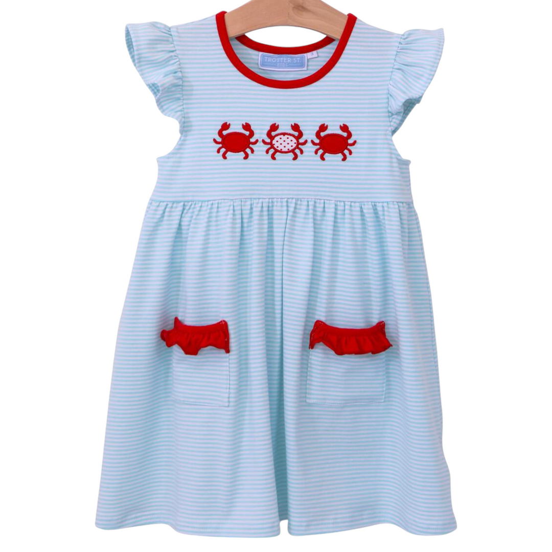 Crab Trio Aqua Stripe Flutter Dress, front