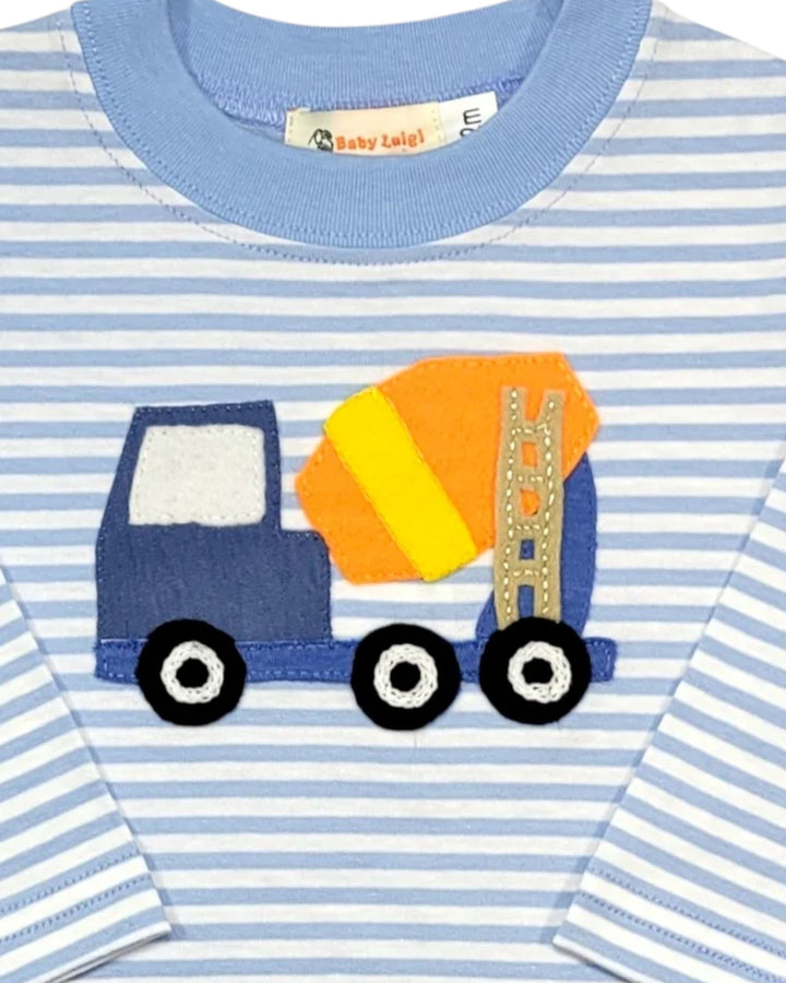 Children's shirt with a blue and orange truck design on a blue and white striped background