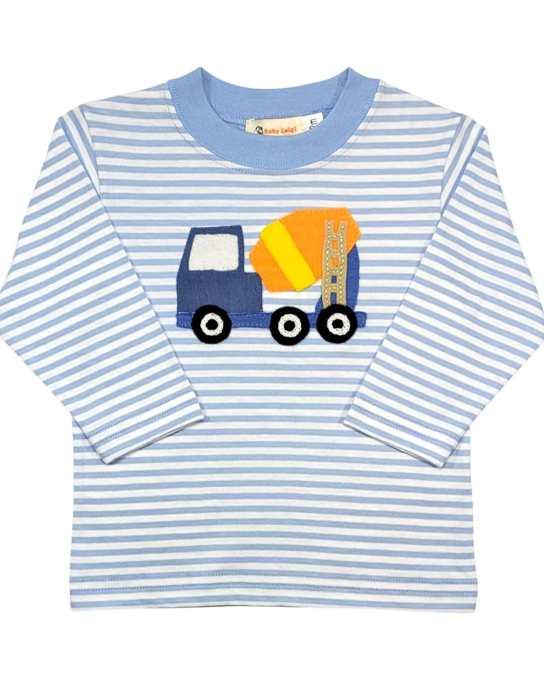 Children's blue and white striped shirt with a cement truck design on a white background