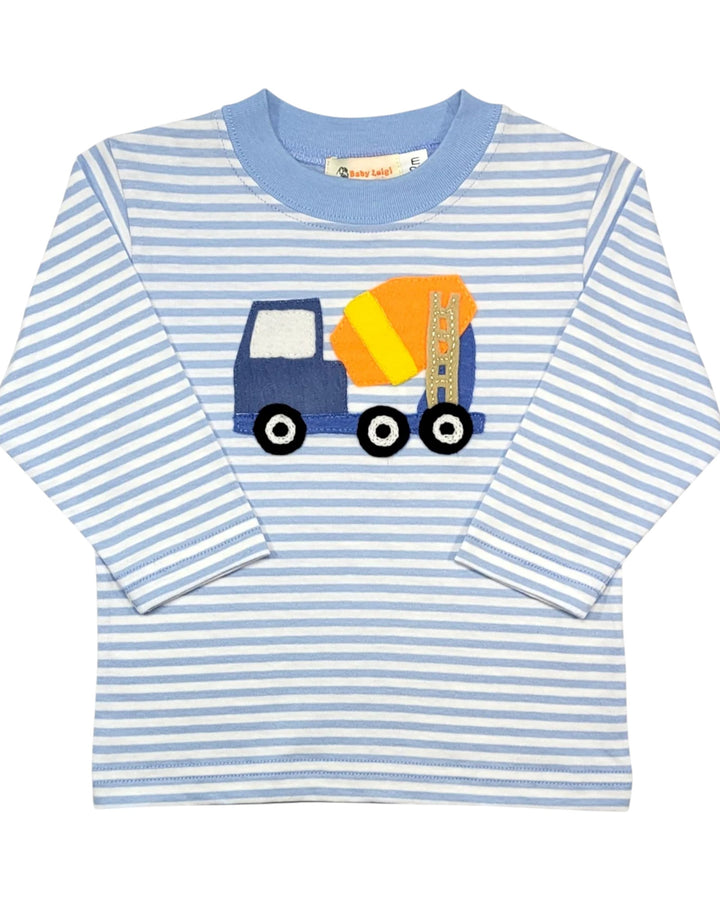 Children's blue and white striped shirt with a cement truck design on a white background