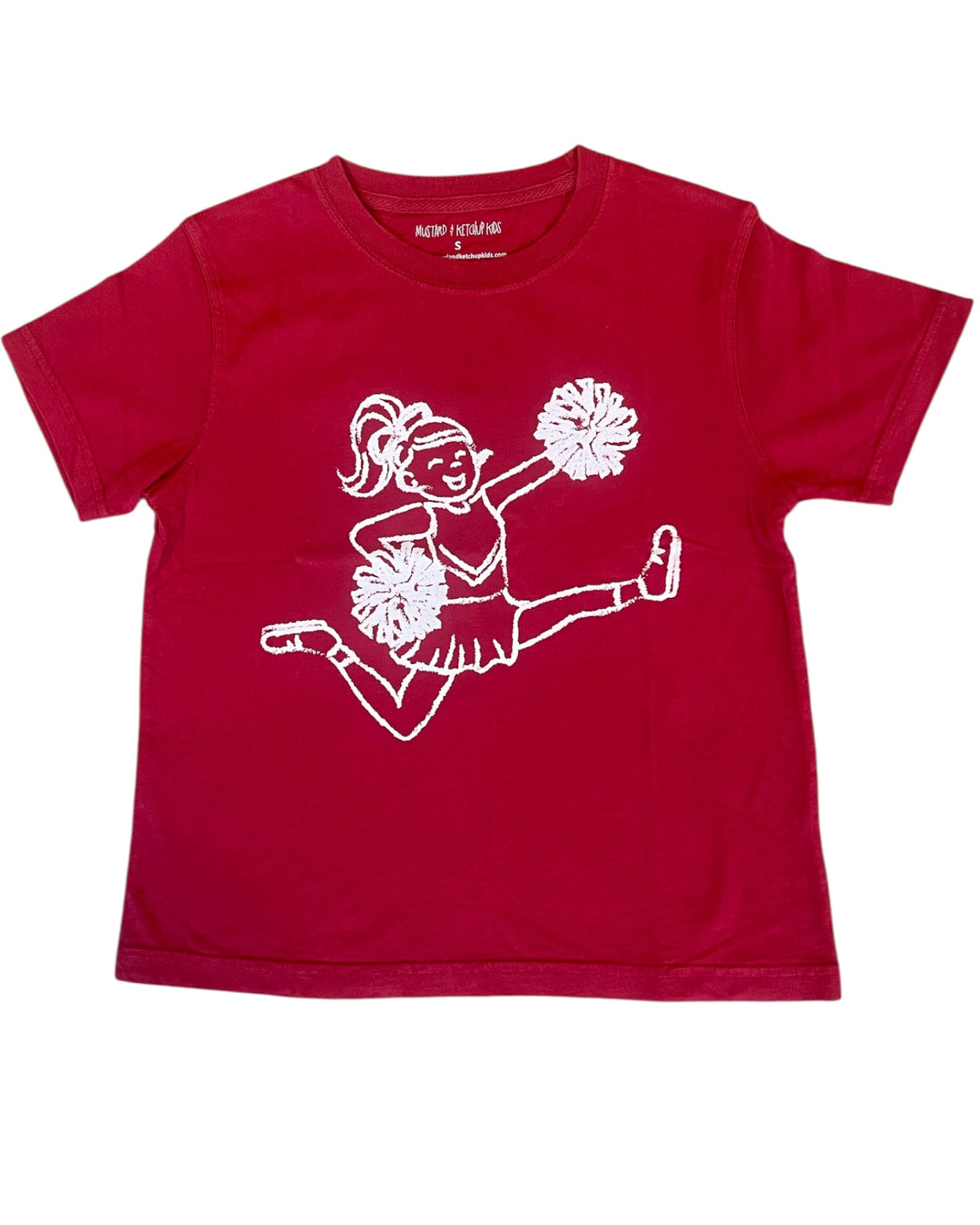Crimson t-shirt with a white cheerleader graphic on a white background
