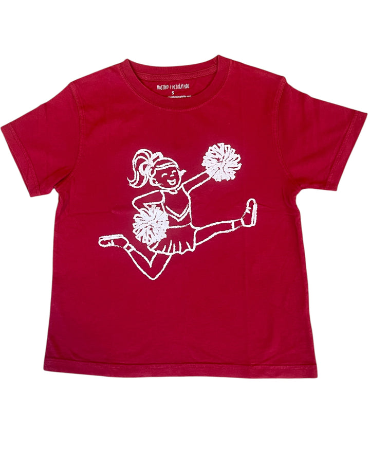Crimson t-shirt with a white cheerleader graphic on a white background