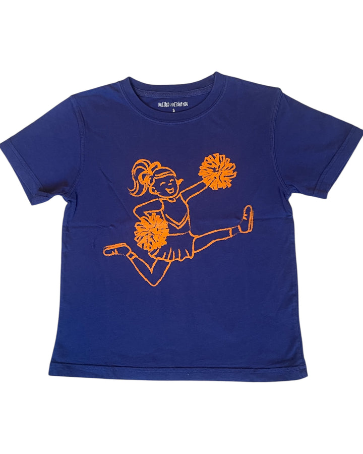 Blue t-shirt with orange cheerleader design on a navy background