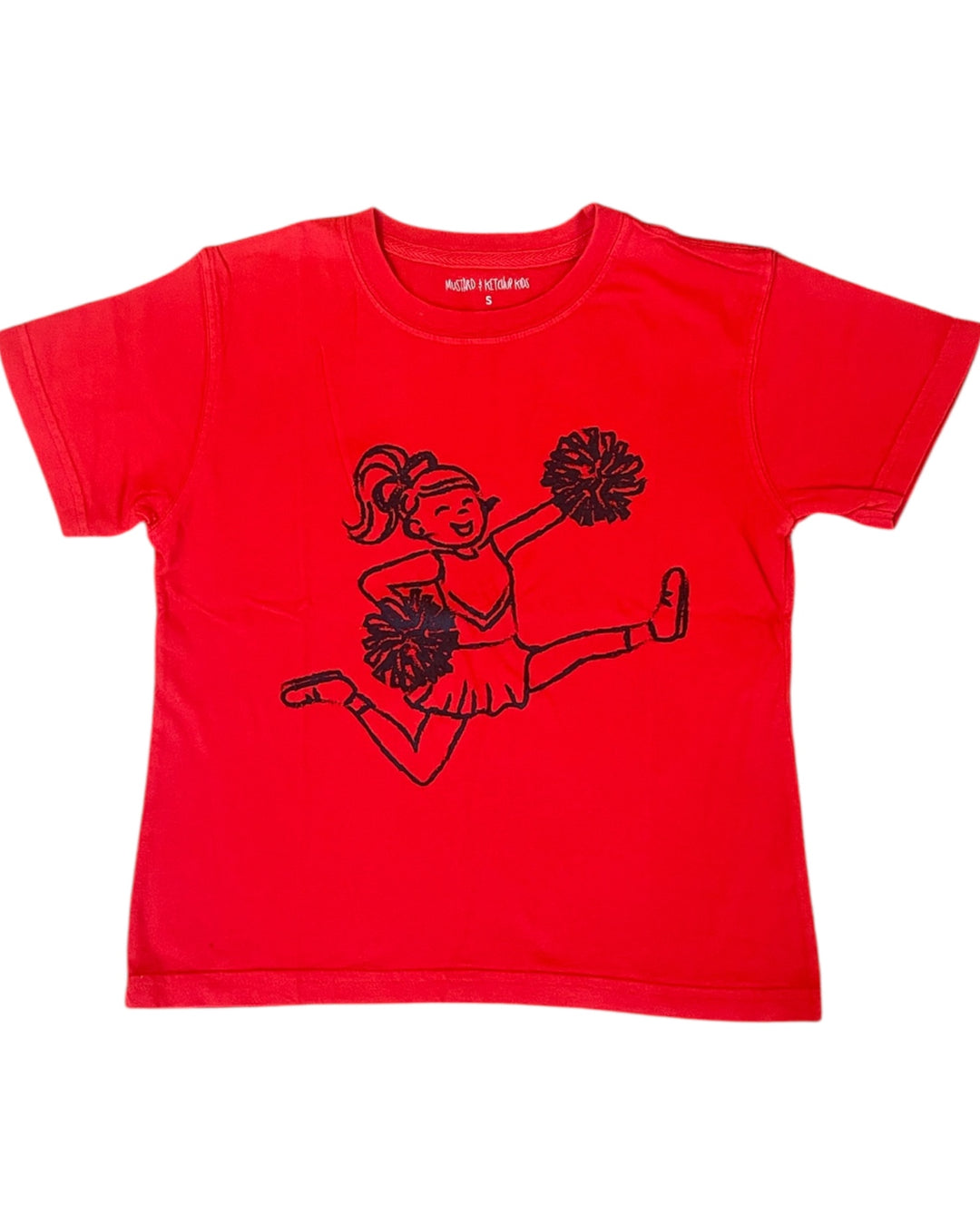 Red t-shirt with black graphic of a cheerleader on a red background