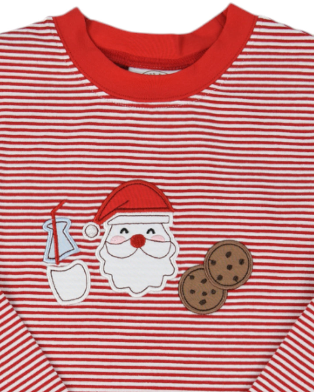 Red and white striped shirt with Santa Claus and cookies design