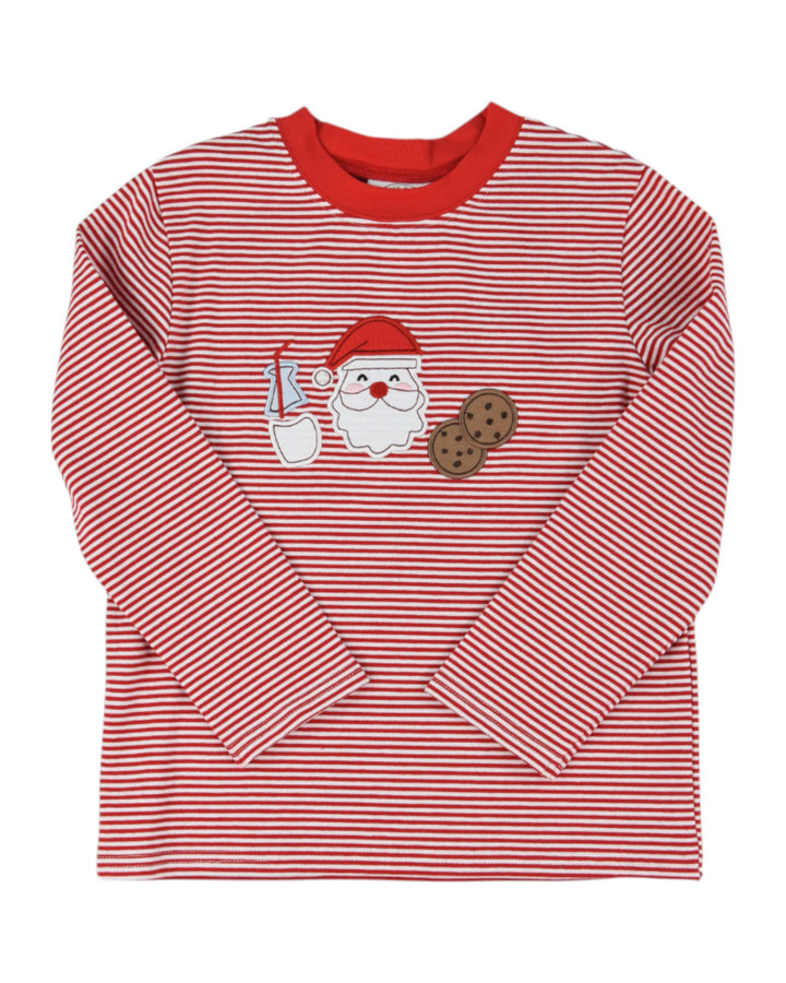 Red and white striped long-sleeve shirt with Santa Claus design on a white background