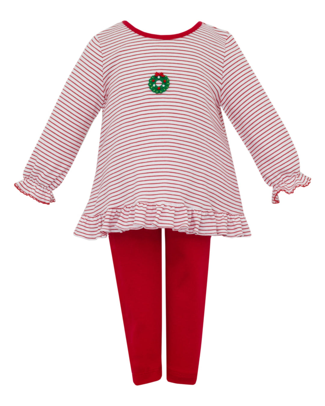 Red and white striped dress with a wreath design and red leggings on a white background