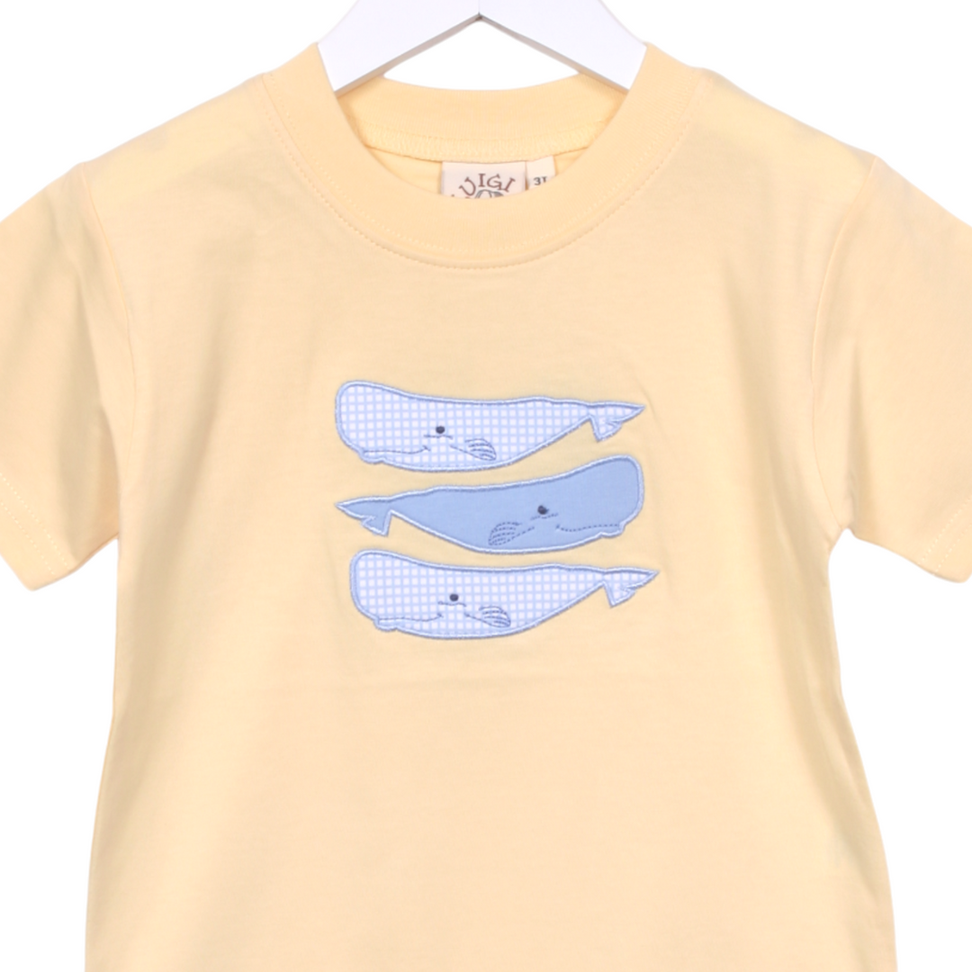 Blue Gingham Stacked Whales Shirt- Yellow, close up