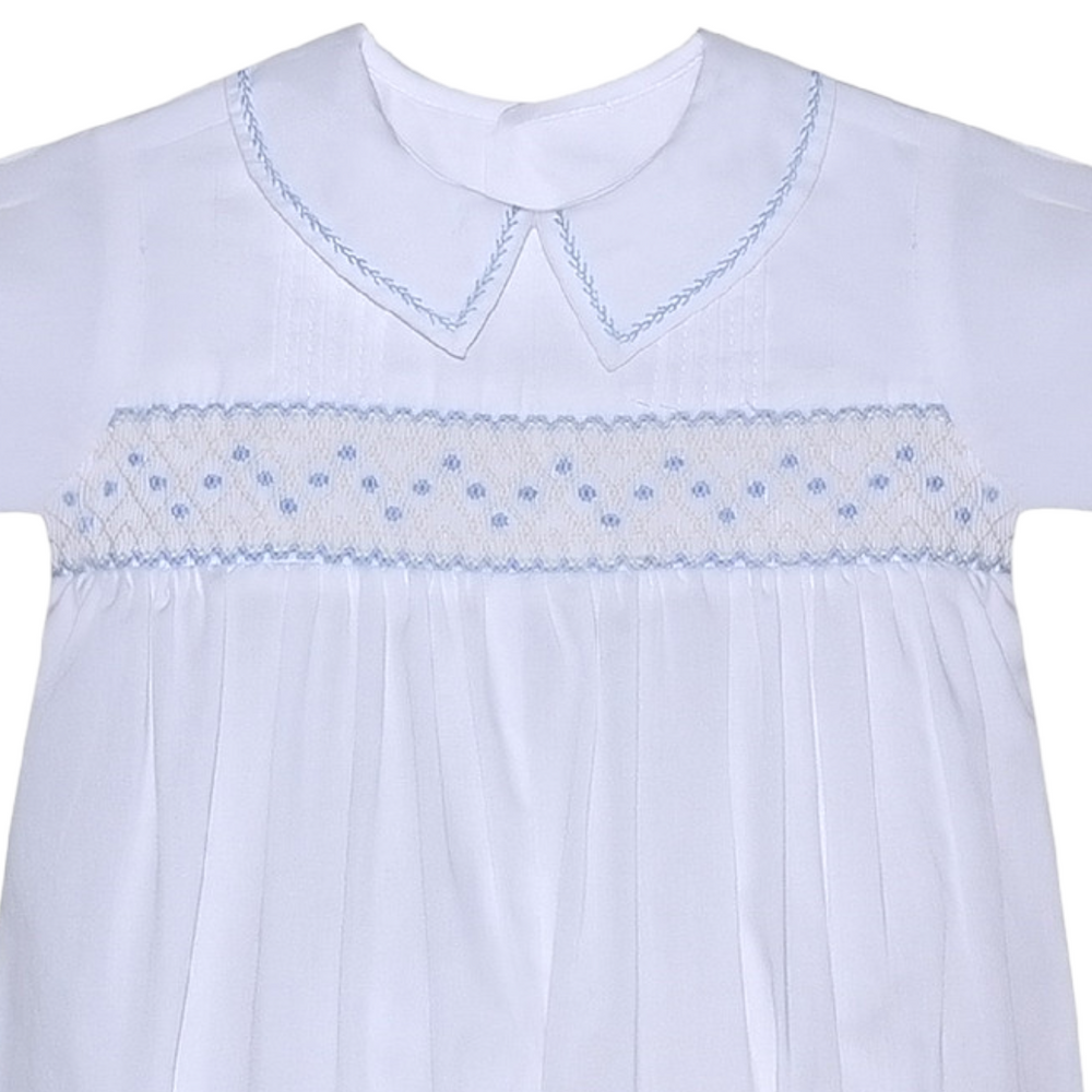 Smocked Finley White with Blue Romper, close up