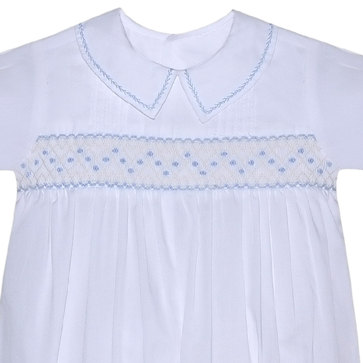 Smocked Finley White with Blue Romper, close up