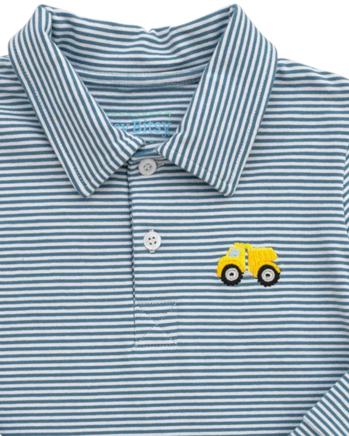 Blue and white striped polo shirt with a yellow truck design on a white background