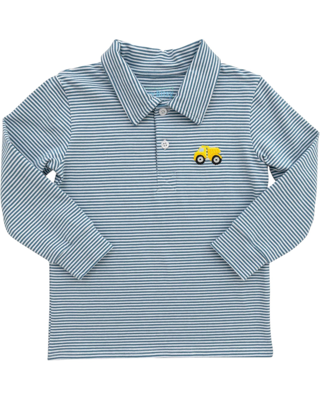 Blue and white striped long-sleeve polo shirt with a yellow truck logo on a white background