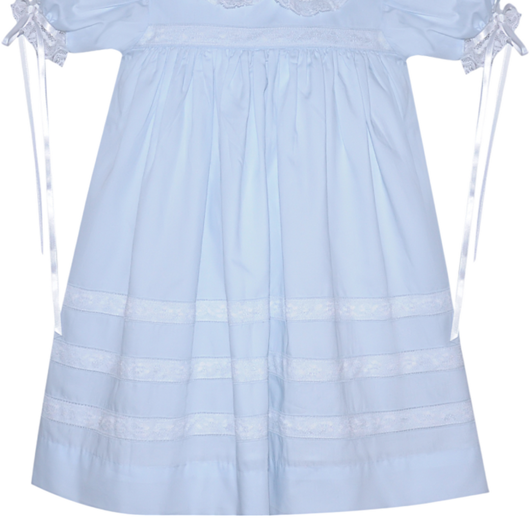Constance Blue with White Lace Heirloom Dress, close 2