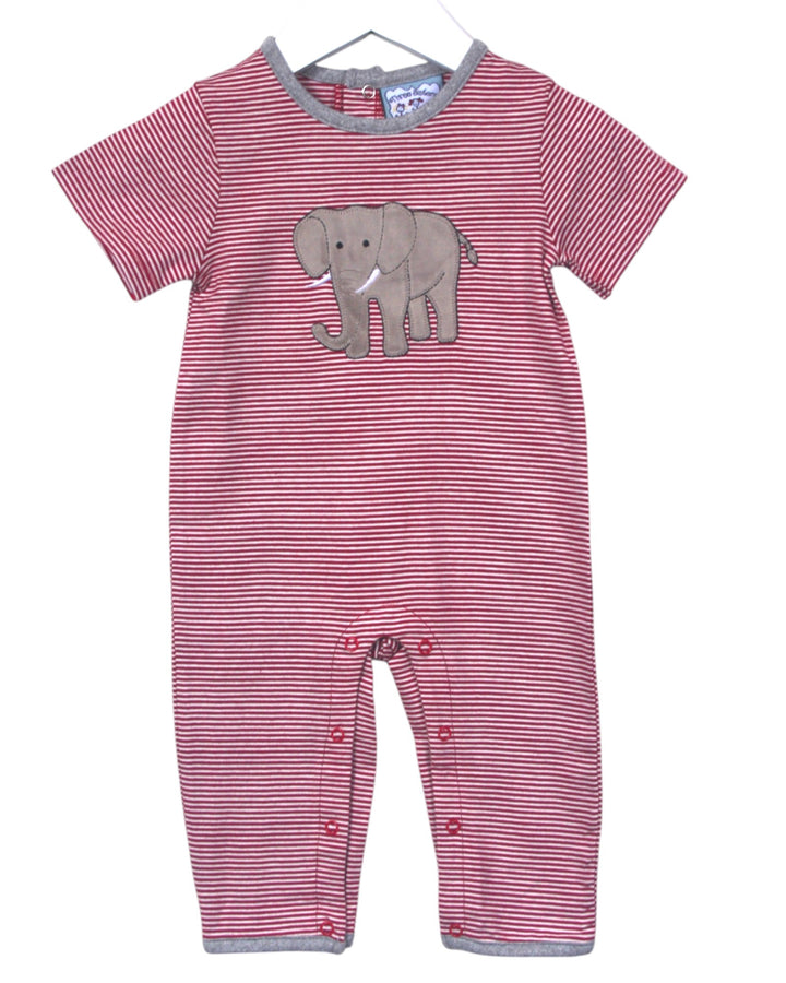 Pink and white striped baby romper with an elephant applique on a white background