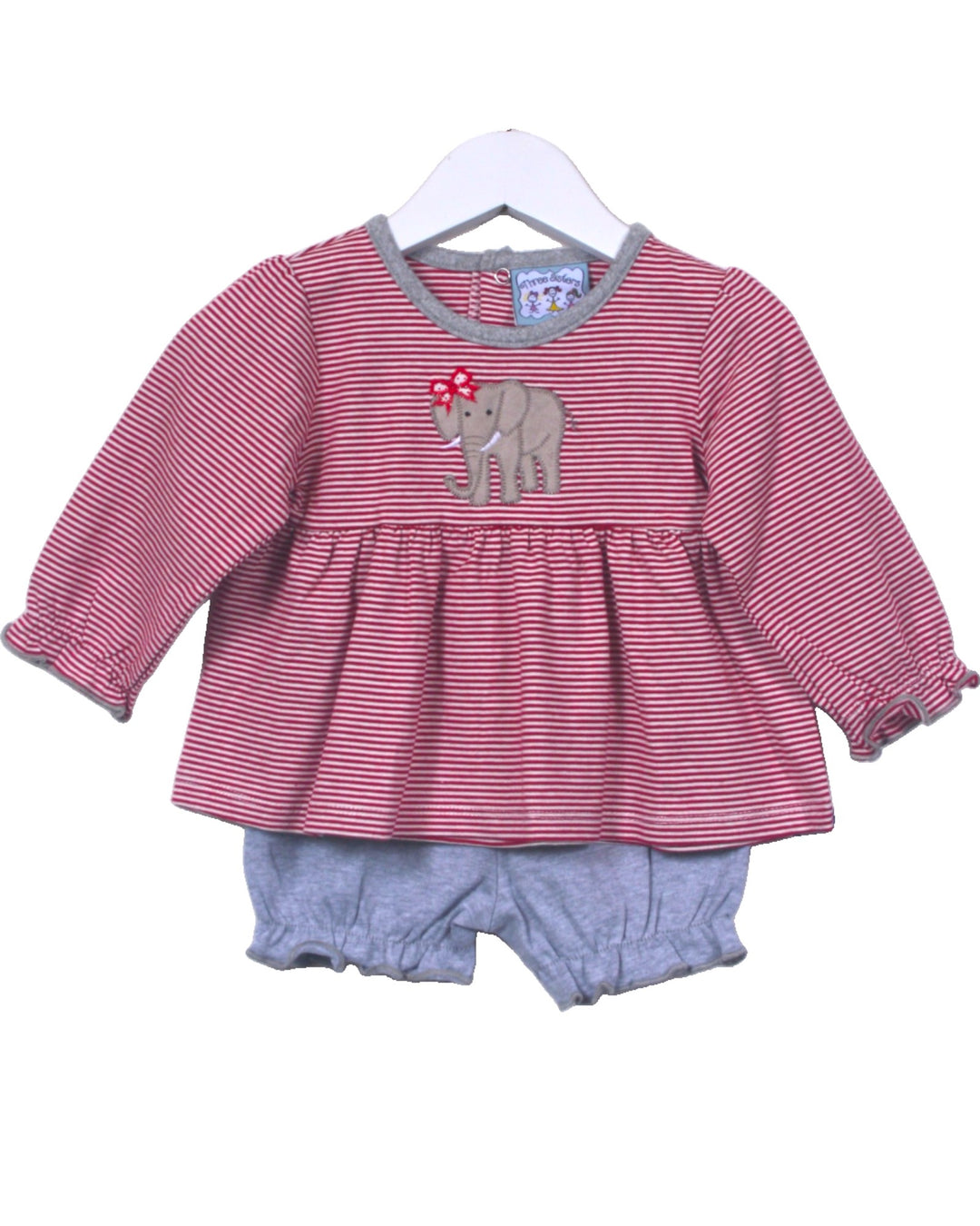 Baby outfit with pink striped top and blue bloomers on a white background