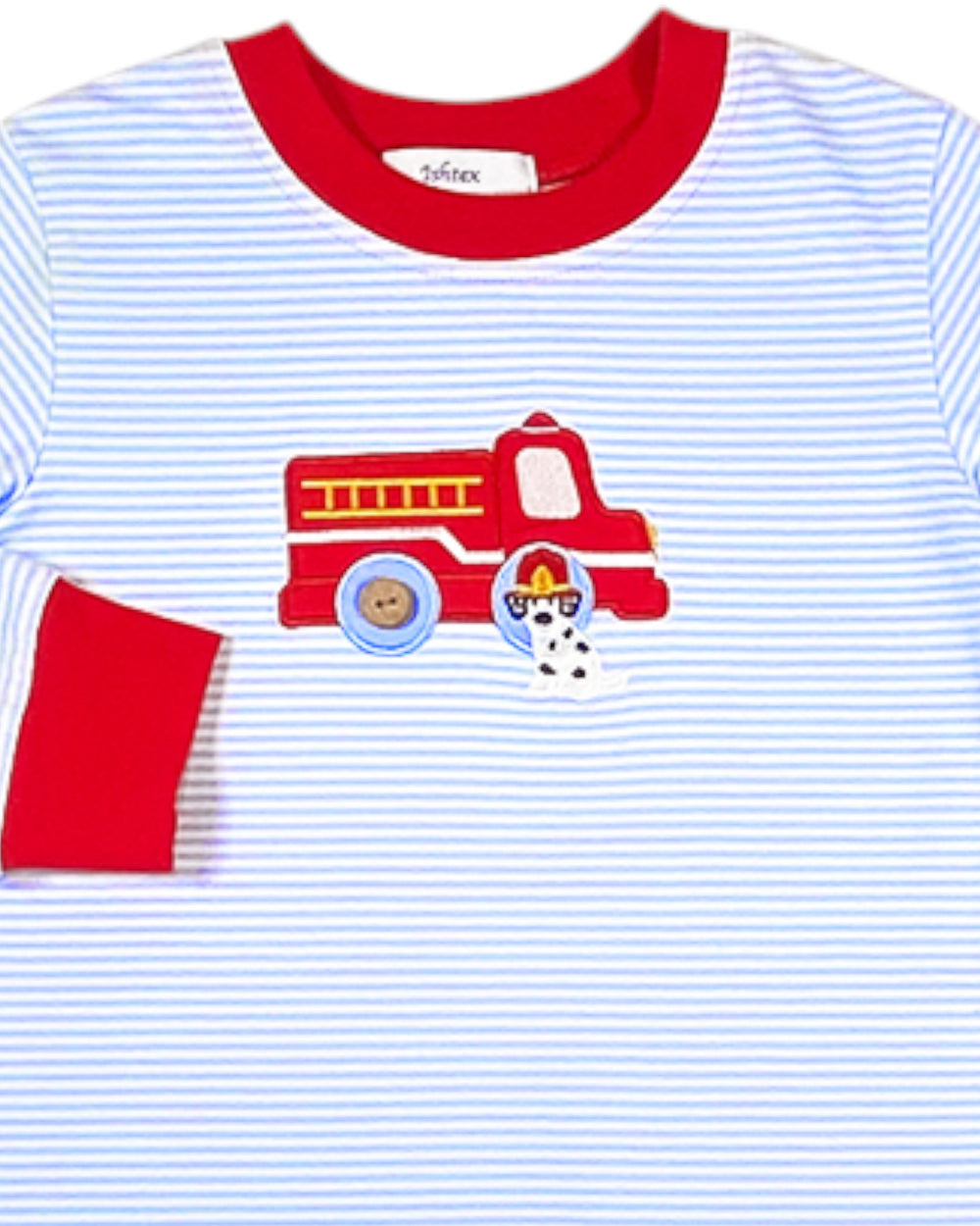 Children's shirt with a red fire truck and dog patch on a blue and white striped background