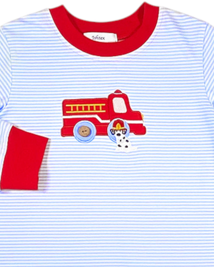 Children's shirt with a red fire truck and dog patch on a blue and white striped background